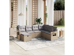 Vidaxl 7 Pcs Conj. Sofás Jardim C/ Almofadões Vime Pe Bege Misturado