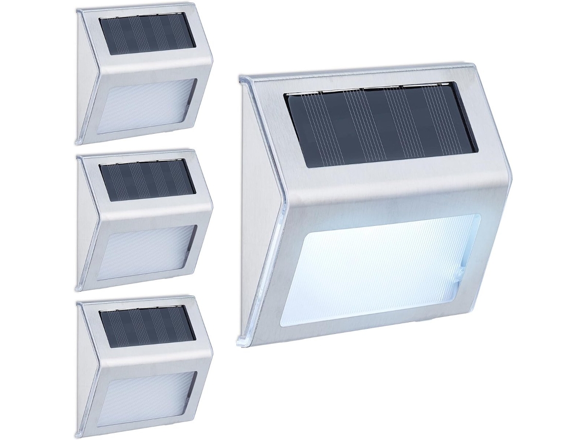 Conjunto de 4 luminárias de parede externas com energia solar led cerca e pátio cor prata AQUAFORGE