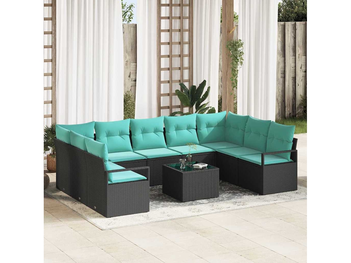 Vidaxl Conjunto de Sofás com Almofada 10 Pcs Preto Vime Pe
