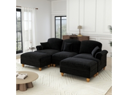 Sofá De 3 Lugares - Chenille, Braços Cónicos, Saia Removível, Pernas Torneadas - Preto