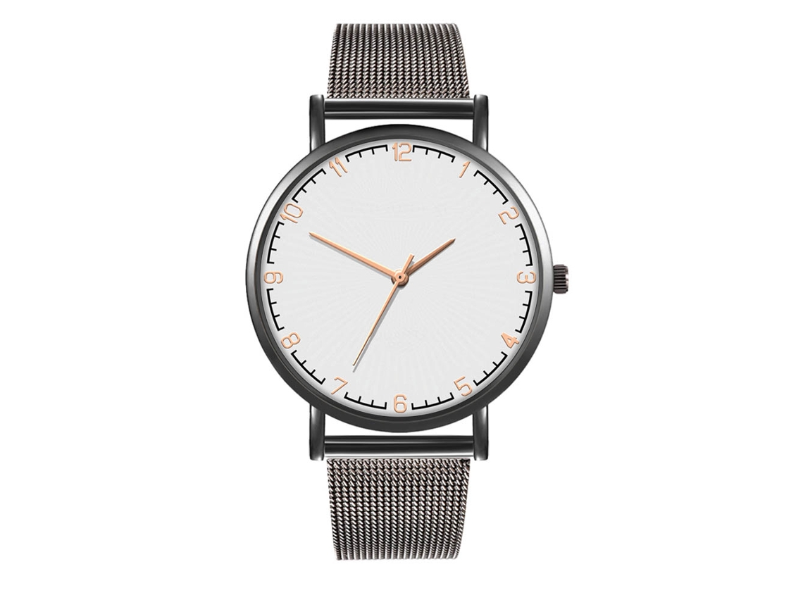 Relógio de quartzo para casal com pulseira de malha, estilo casual e moderno, nas cores branco e preto.