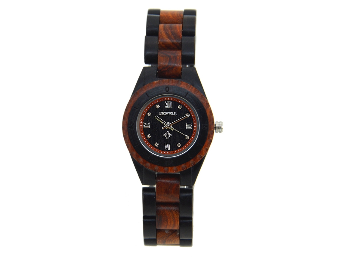 Relógio de casal de madeira com pulseira de madeira, movimento de quartzo, feminino, preto e vermelho.