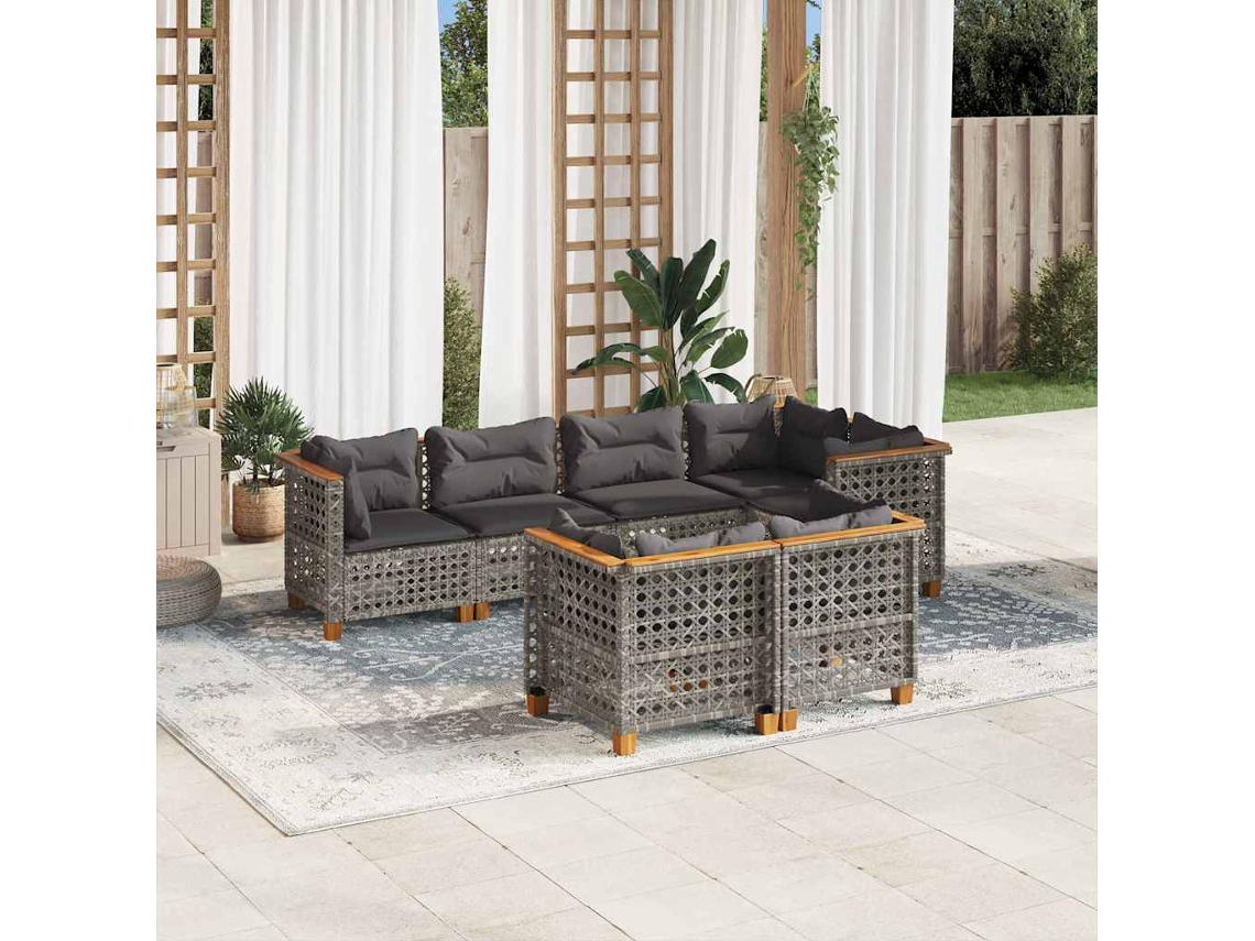 Vidaxl 7 Pcs Conjunto Sofás P/ Jardim C/ Almofadões Vime Pe Cinzento