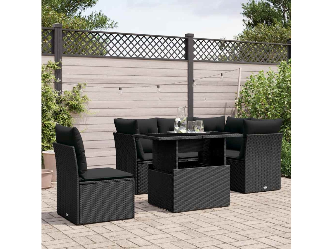 Vidaxl 6 Pcs Conjunto Sofás De Jardim C/ Almofadões Vime Pe Preto