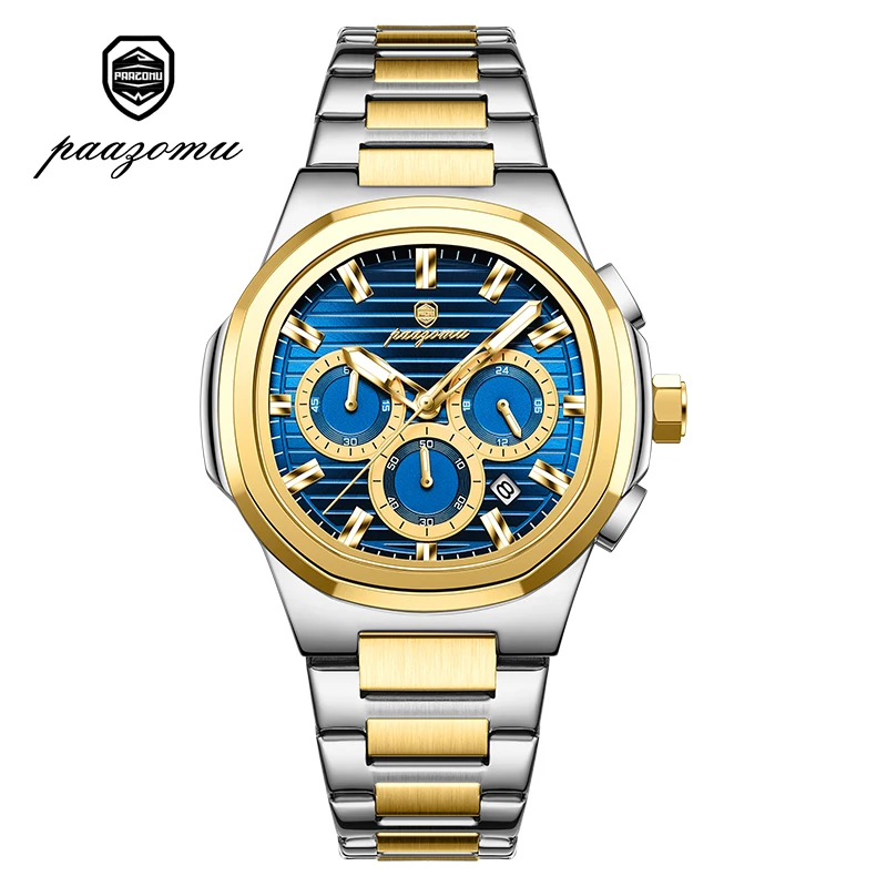 Cronógrafo Business (dourado E Azul), Luxuoso, Em Aço Inoxidável, Quartzo