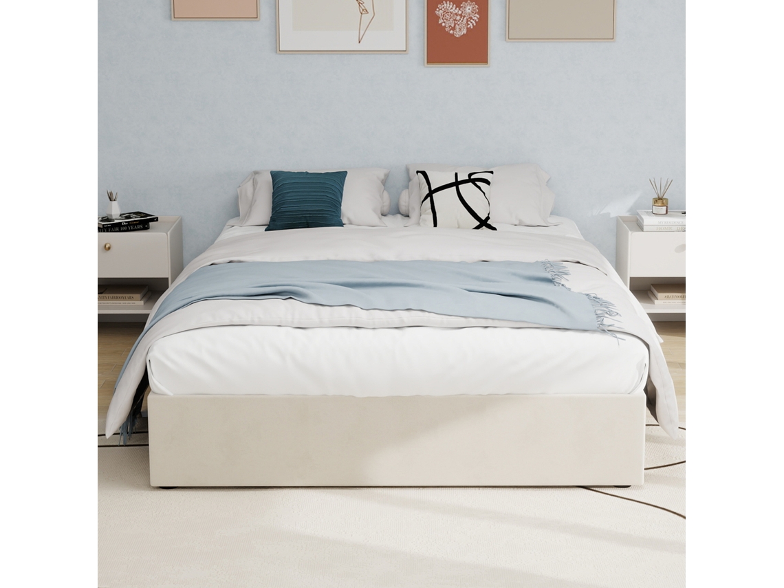 Quadro De Cama 160x200 Cm Bege Veludo Moderno Com Pistões De Ar