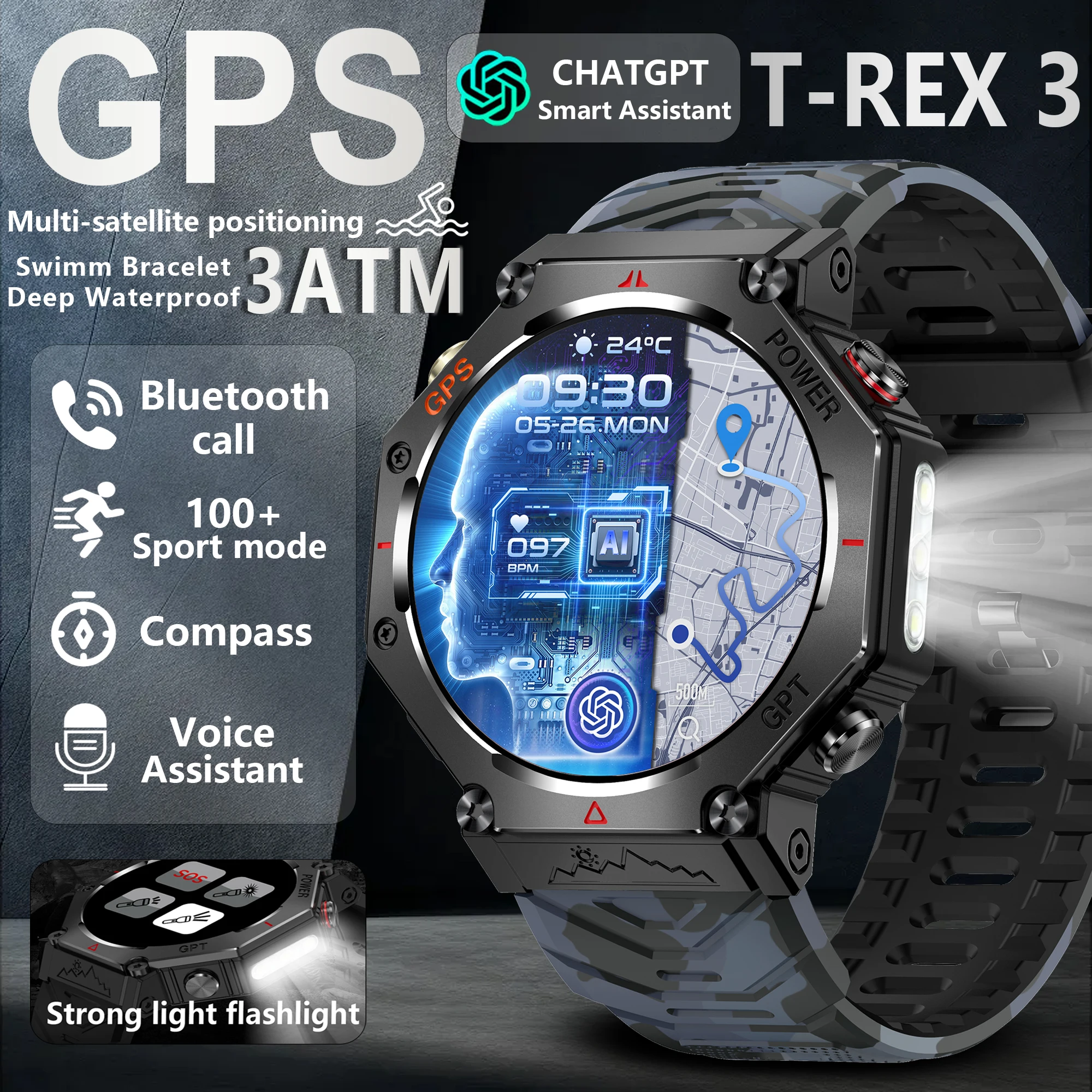 (pulseira Azul) Smartwatch: Lanterna Potente, Chamadas Via Bluetooth, Mais De 100 Modos Esportivos, Monitoramento De Saúde