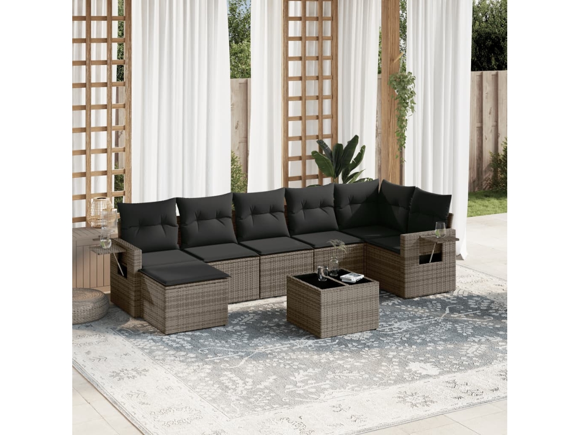 Vidaxl 8 Pcs Conjunto Sofás De Jardim C/ Almofadões Vime Pe Cinzento