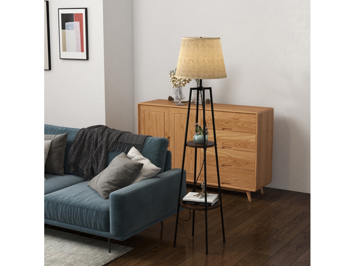 Luminária De Chão De 2 Níveis Em Metal E Mdf Com Cúpula De Tecido, Ø42x166 Cm, Preta E Marrom