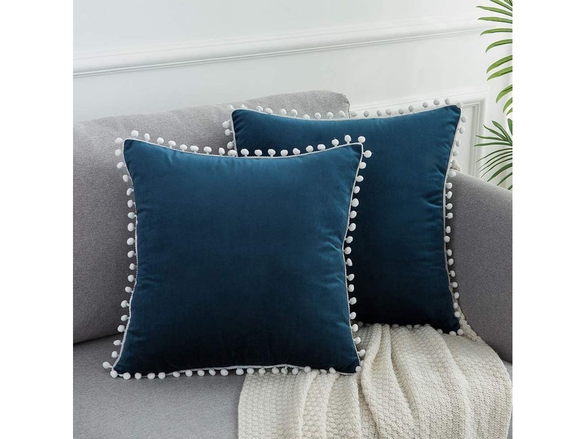 2026 funda de Almofada Navideña Azul Oscuro 18x18 Pulgadas Set 2 Terciopelo Suave Con Pompones Decorativos para Sofá Hogar