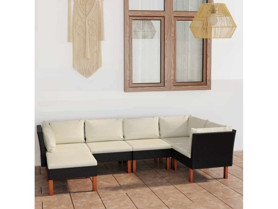 6 Pcs Conjunto Lounge De Jardim C/ Almofadões Vime Pe Preto Dkd Home Decor