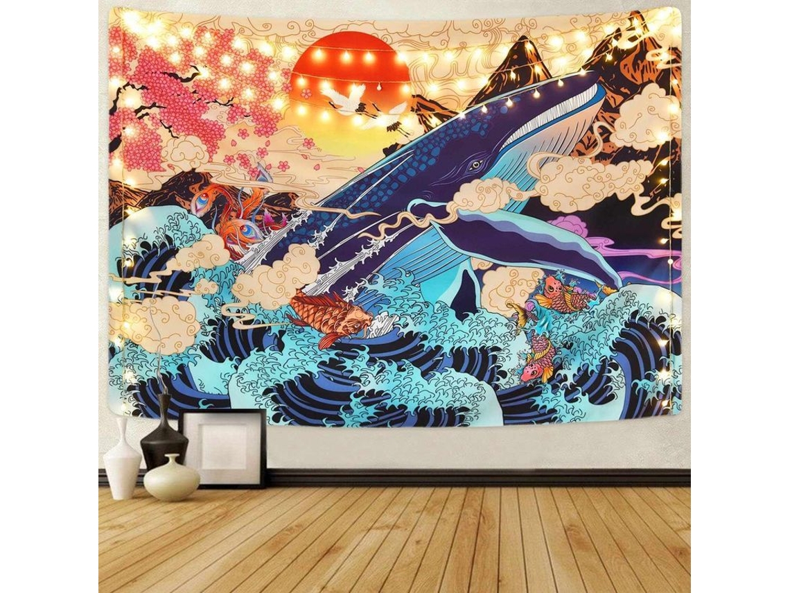Tapiz Japonês Ukiyo-e Ondas Marinhas Koi Baleia Trippy Para Decoração Interior