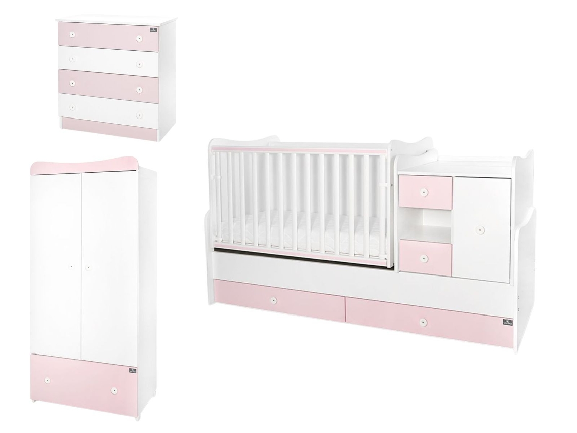 Quarto De Bebé Mini Max Completo Com Cama De Grades Convertível, Cómoda E Roupeiro Da Lorelli - White+orchid Pink