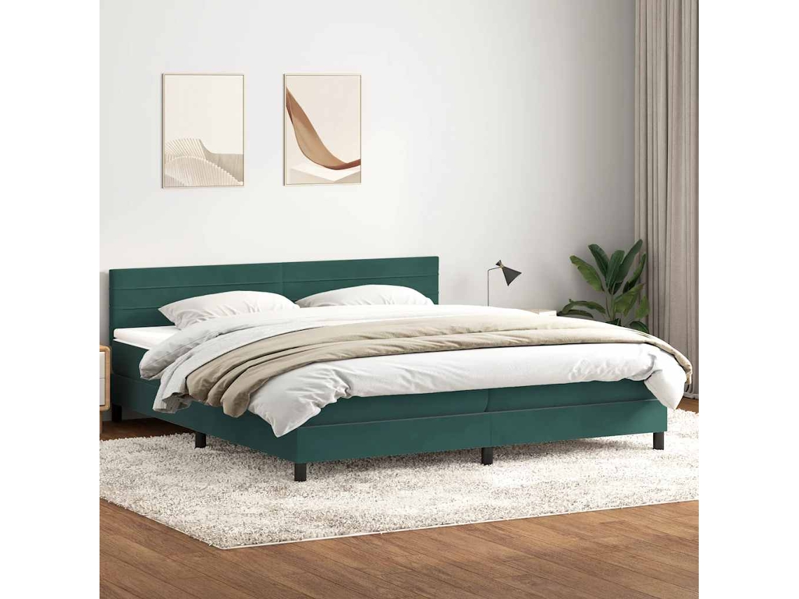 Cama Com Molas/colchão 180x220 Cm Veludo Verde-escuro