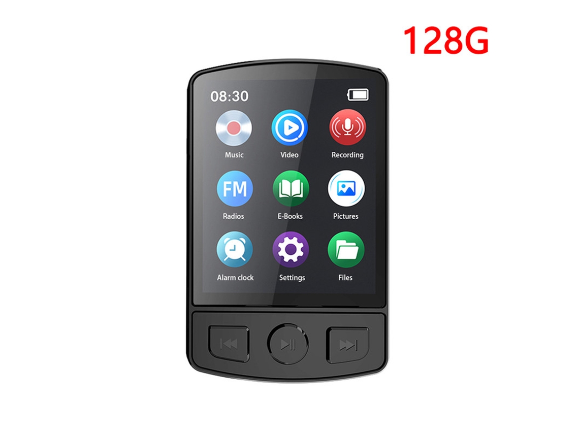 MP3 YIZHOOD (128G)Música esportiva portátil com alto-falante FM E-Book Recorder Bluetooth preto