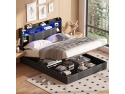 Cama Casal Estofada 160x200 Cm Com Led, Baú Com Elevação Hidráulica, Cabeceira Com Prateleiras E Ligação Usb Para Quarto Moderno Cinza