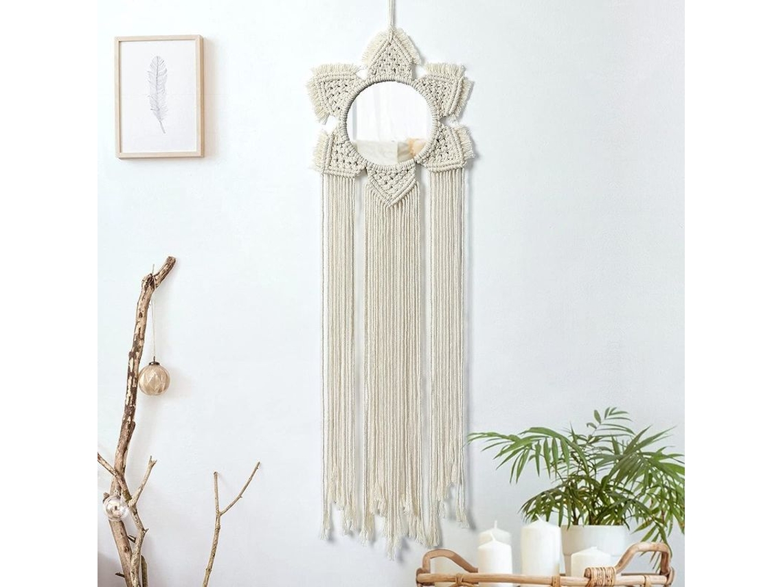 Espelho de Parede Decorativo Macramê com Franges Decoração Boho para Apartamento e Quarto