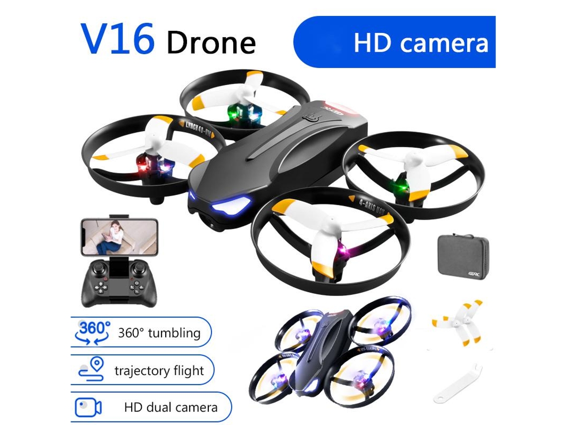 Mini drone V16 com luz colorida 4K Vida útil da bateria: 12 minutos 4 baterias brancas YIZHOOD