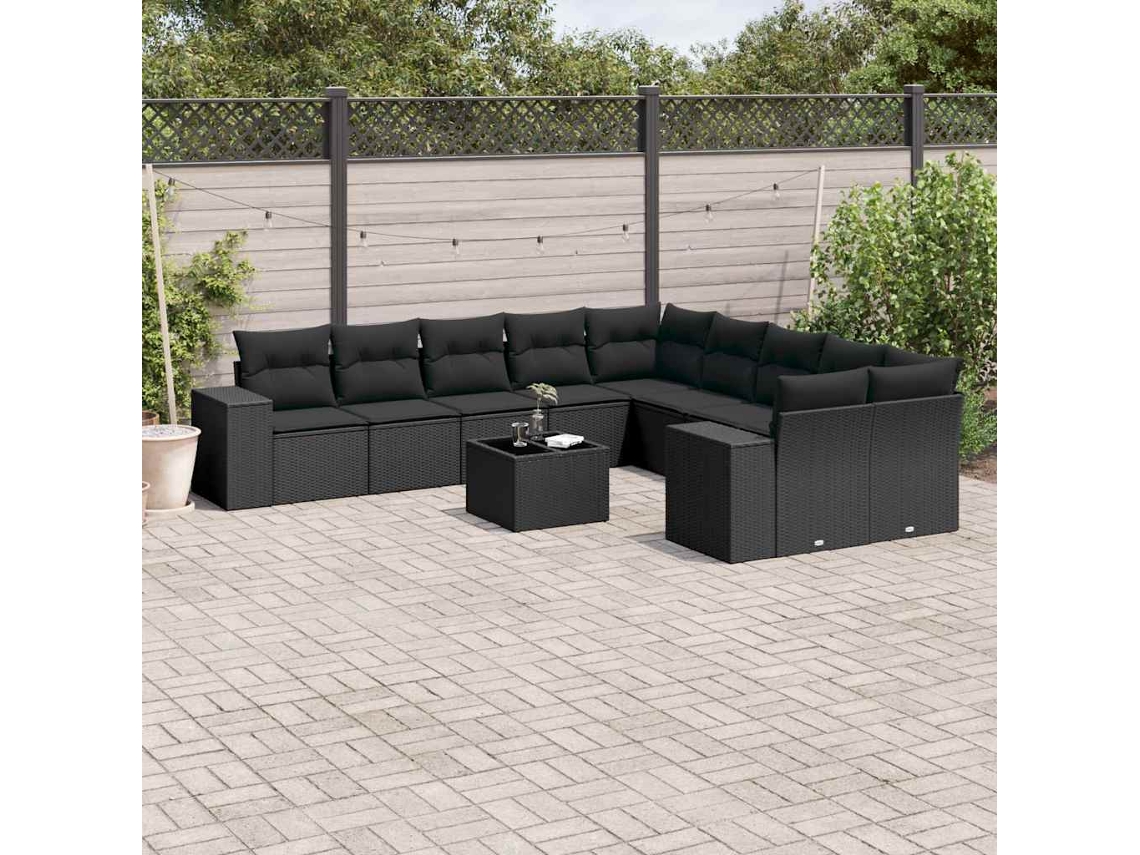 Vidaxl 11 Pcs Conjunto Sofás De Jardim C/ Almofadões Vime Pe Preto