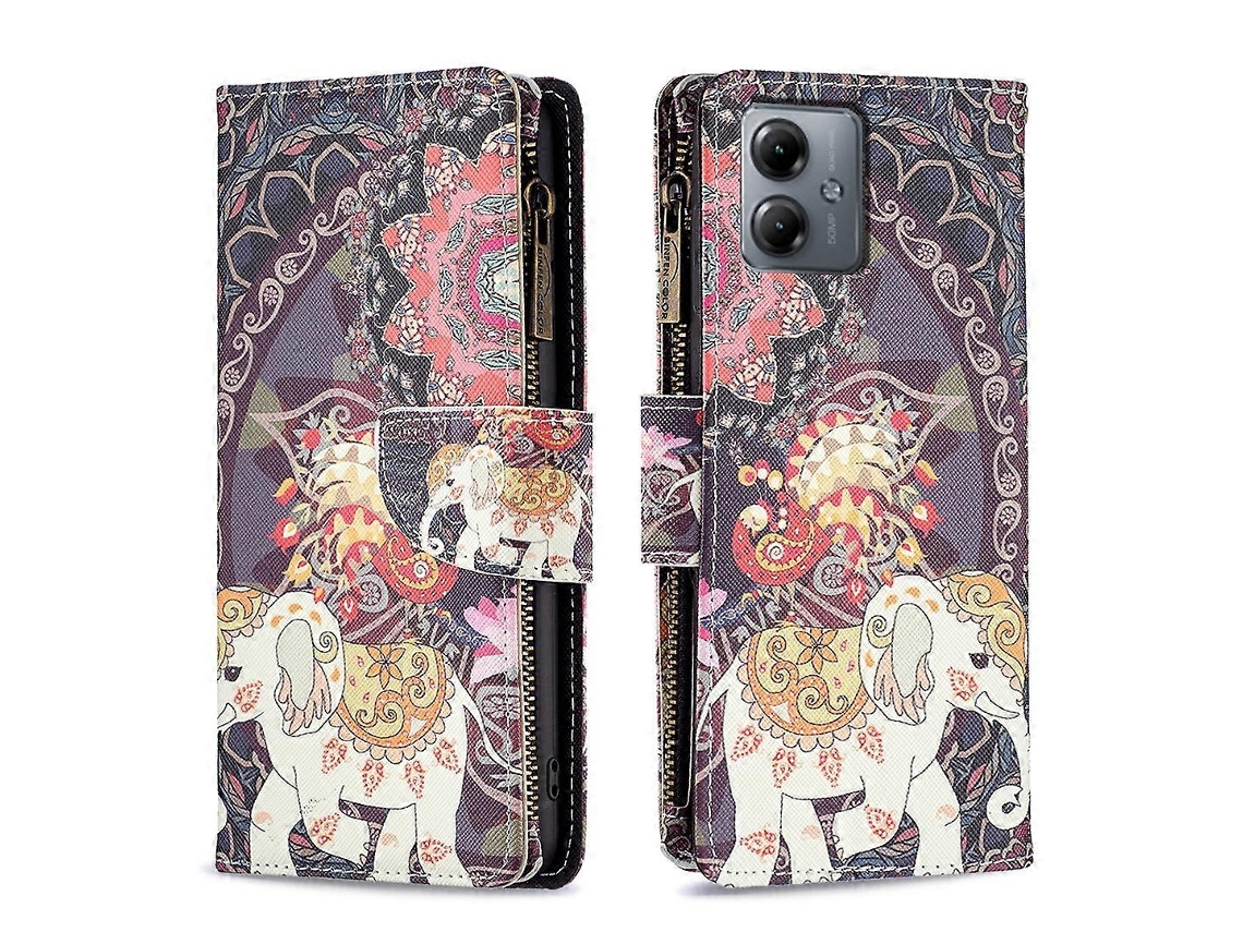 Capa De Couro Com Zíper E Estampa De Desenho Colorido Para Celular Motorola Moto G14 4g