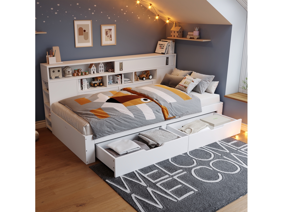 Cama Lit Enfant 90x190cm Multifuncional Branco Com Gavetas Estante E Armário