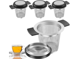 Conjunto 4 Filtros Chá – Infusor Chá Folhas Soltas – Com Tampa E Pega Silicone – Aço Inoxidável – Prata