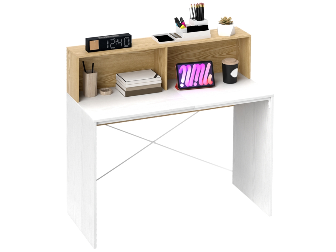 Mesa de Escritório com Compartimentos e Prateleira Branca