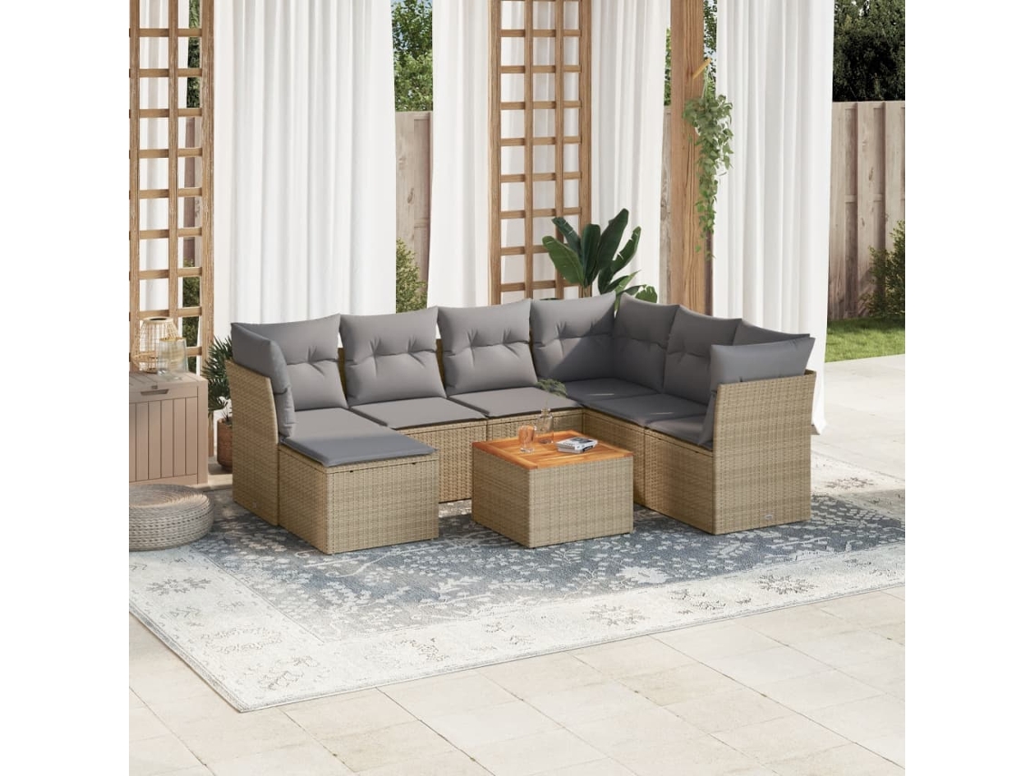 Vidaxl 8 Pcs Conj. Sofás Jardim C/ Almofadões Vime Pe Bege Misturado