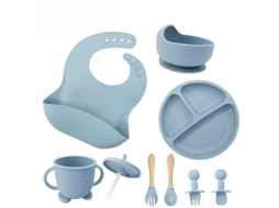 Conjunto de Utensílios em Silicone para Alimentação Infantil, com Ventosas na Base, 8 Peças Azul PANOONA