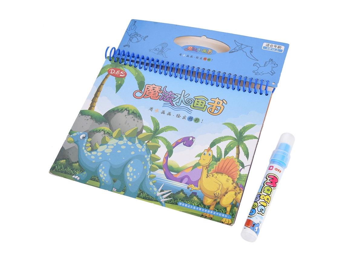 Livro de colorir portátil Rebe Magic com água e lápis, brinquedo educativo para crianças para desenhar e pintar dinossauros.