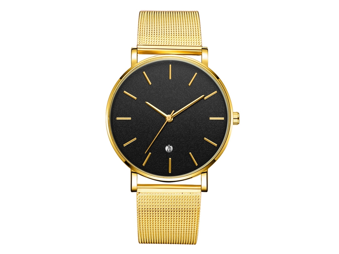 Relógio de pulso analógico de quartzo com mostrador redondo elegante (pulseira dourada, caixa dourada, vidro preto, ponteiros dourados)
