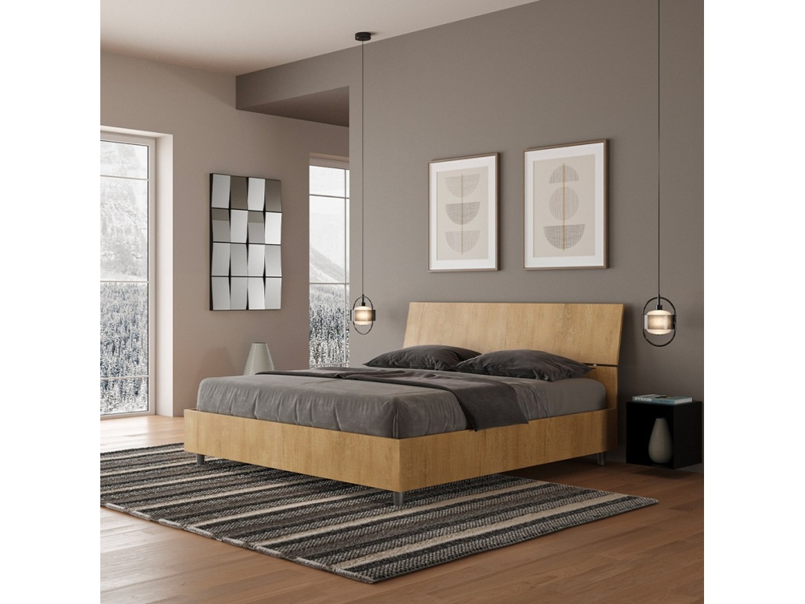 Cama de casal em recipiente de madeira 160x190cm Demas Nod Oak
