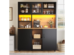Armário Alto 185cm Para Cozinha, Led Controlável Por App, Portas Corrediças, Prateleiras Ajustáveis Acabamento Madeira Escura