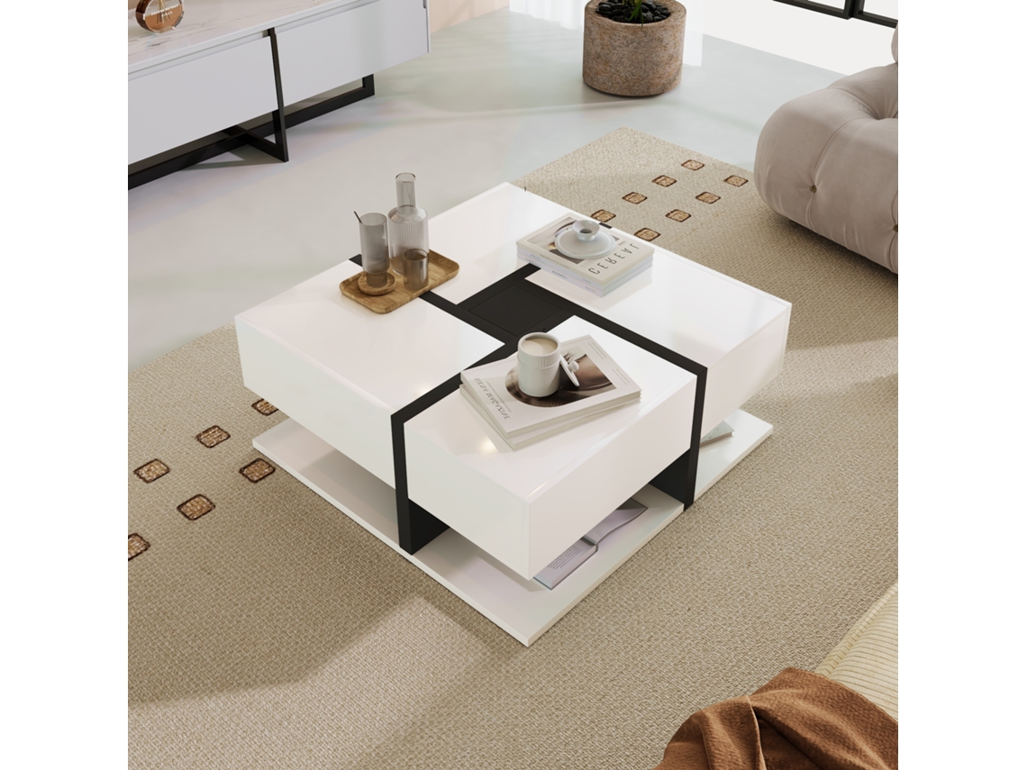 Mesa De Centro Alto Brilho, 4 Gavetas, 78x78x36cm, Espaço De Armazenamento-hw
