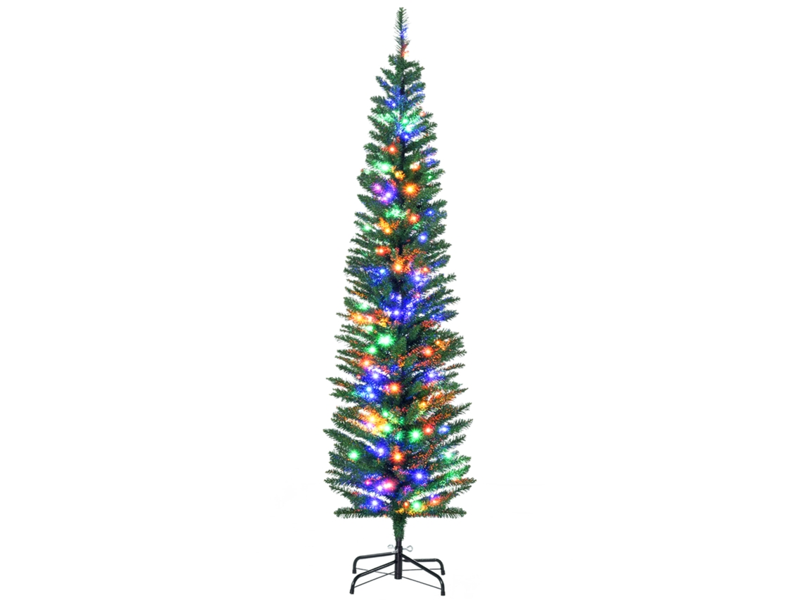 Árvore de Natal Artificial Brilhante em Formato de Lápis 180cm 150 Luzes Multicoloridas 390 Galhos Base de Aço Verde