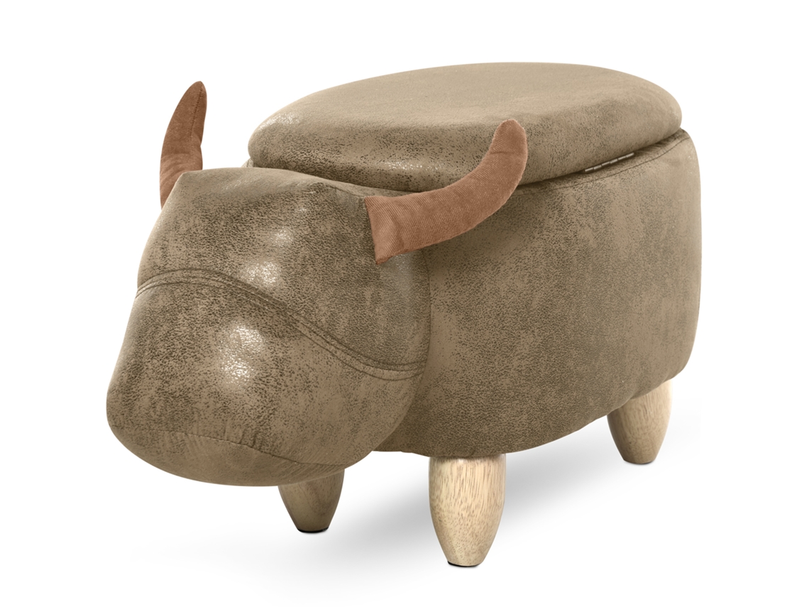 Pufe Contentor Com Forma De Búfalo Em Madeira E Assento Estofado Para Sala, 62x35x36cm, Na Cor Castanha