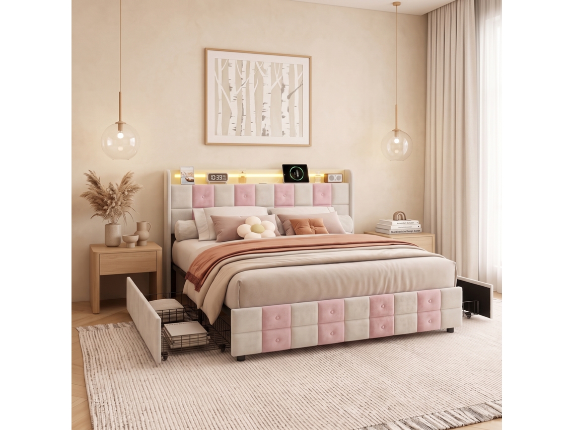 Cama Estofada Casal 140x200 Cm Com 4 Gavetas De Arrumação, Iluminação Led, Cabeceira Com Usb E Cama De Arrumação Em Veludo, Rosa E Branco