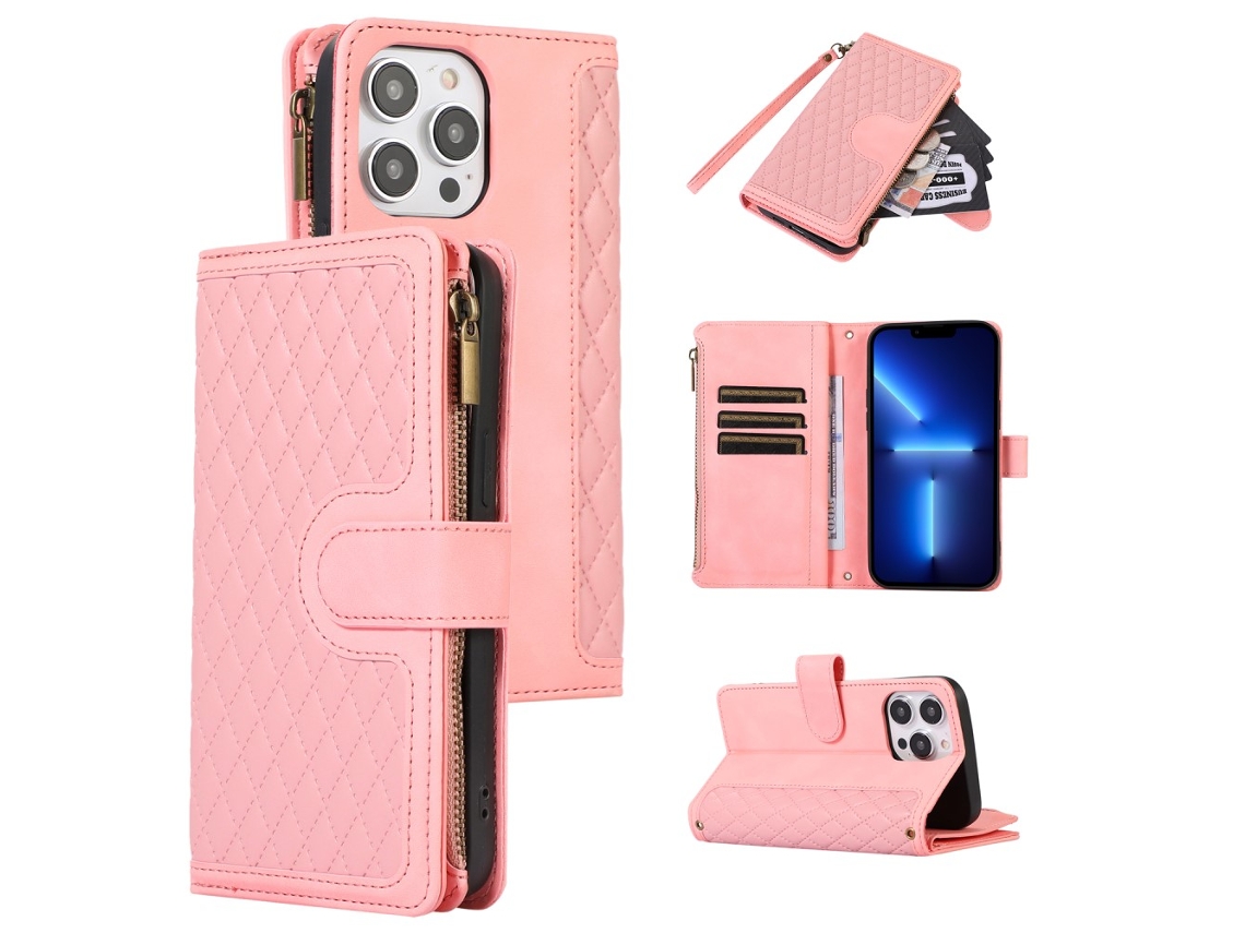 Capa Para Iphone 13 Pro Pele Sintética Com Porta-cartões Rosa