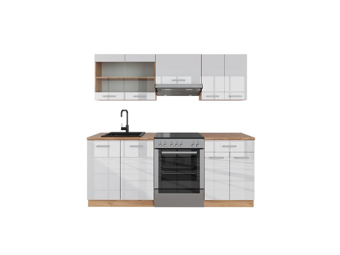 Cozinha R-Line, 200 cm, Carvalho PT, Branco brilhante/Carvalho dourado, Vicco