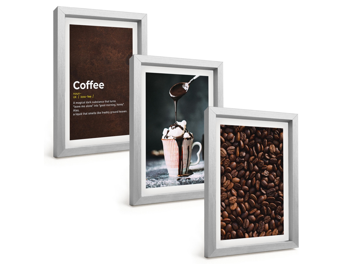 Pinturas Murais Modernasbeba Café Com Chantilly Moldura Prateada Fotos Para O Corredor Espelharte (3 Peças 20x30 Cm)