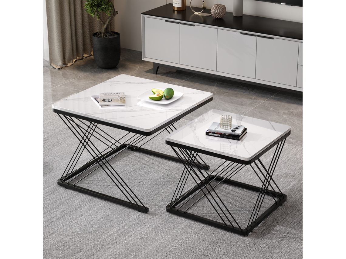 Conjunto 2 Mesas Centro Quadradas, Mármore, 60+45cm, Ajustáveis. Cs