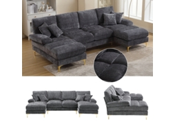 (Código antigo: W1880s00028) Sofá modular moderno grande em chenille, formato em U, com dois assentos reclináveis, ideal para sala de estar, quarto e escritório.