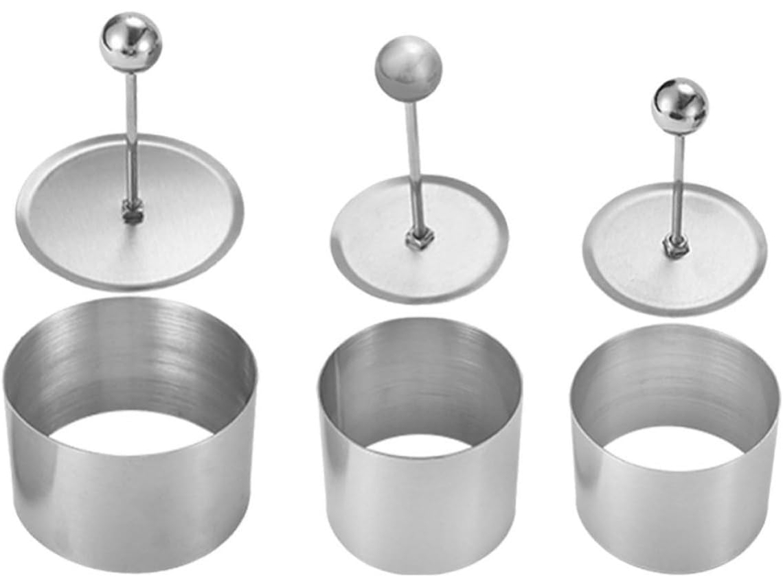 Conjunto de 3 formas redondas em aço inoxidável para bolinhos.