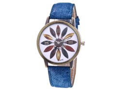 Relógio de pulso unissex Zhoulianfa Quartz, azul royal com estampa de folhas multicoloridas.