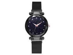 Relógio de Pulseira de Quartzo com Números Romanos e Strass Cinto de Malha Preto