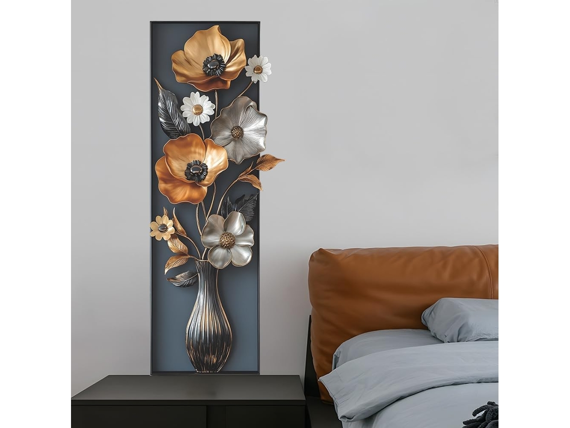 Adesivos Muraux 3d Floral, Flores Douradas E Argentées Em Um Vaso, 96 X 37 Cm, Decoração De Interior Moderna