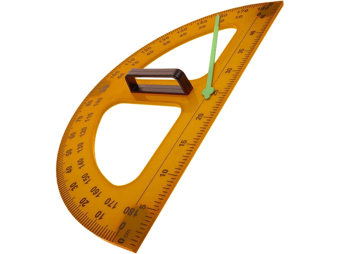 Transferidor semicircular de plástico laranja com cabo, ferramenta multifuncional para o ensino de matemática em sala de aula.