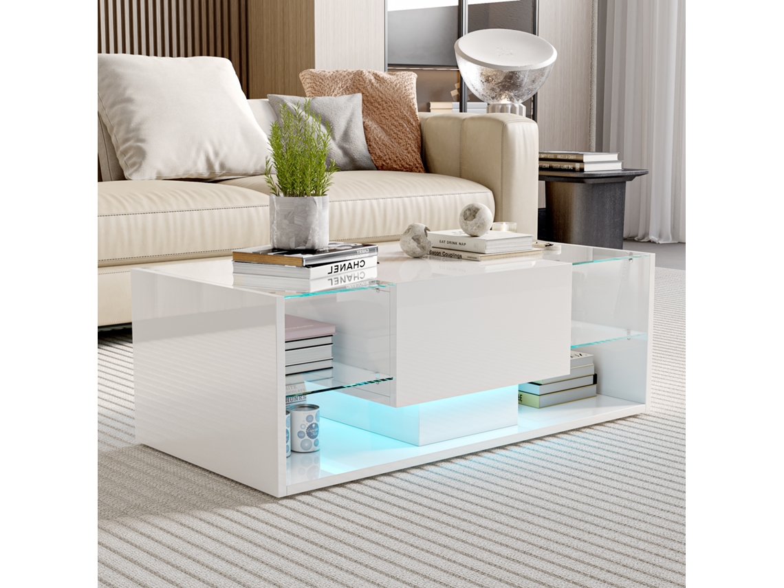 Mesa De Centro, Com Prateleira Aberta E Gavetas, Mesa De Sala Com Acabamento Brilhante, Iluminação Led E Tampo De Vidro,100x50x35cm, Branca