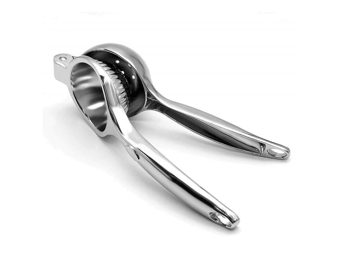 Espremedor de limão manual Rebe em aço inoxidável para frutas cítricas, com design ergonômico e fácil limpeza.