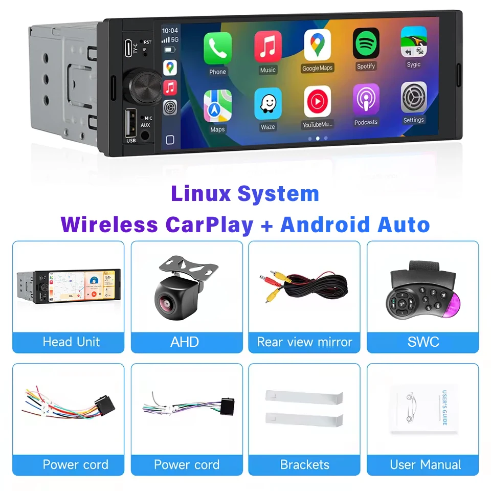 Sistema Multimídia Automotivo Single Din (wireless-ahd), Com Tela Estéreo Fm E Carplay Sem Fio De 6,86 Polegadas.